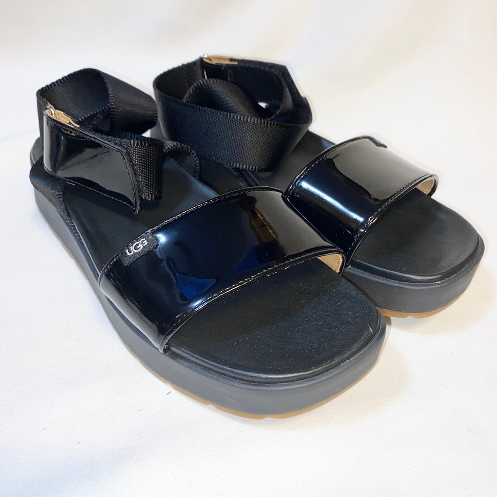UGG Black Patent Leather Platform Slingback Sandals Womens 10 Retro‎